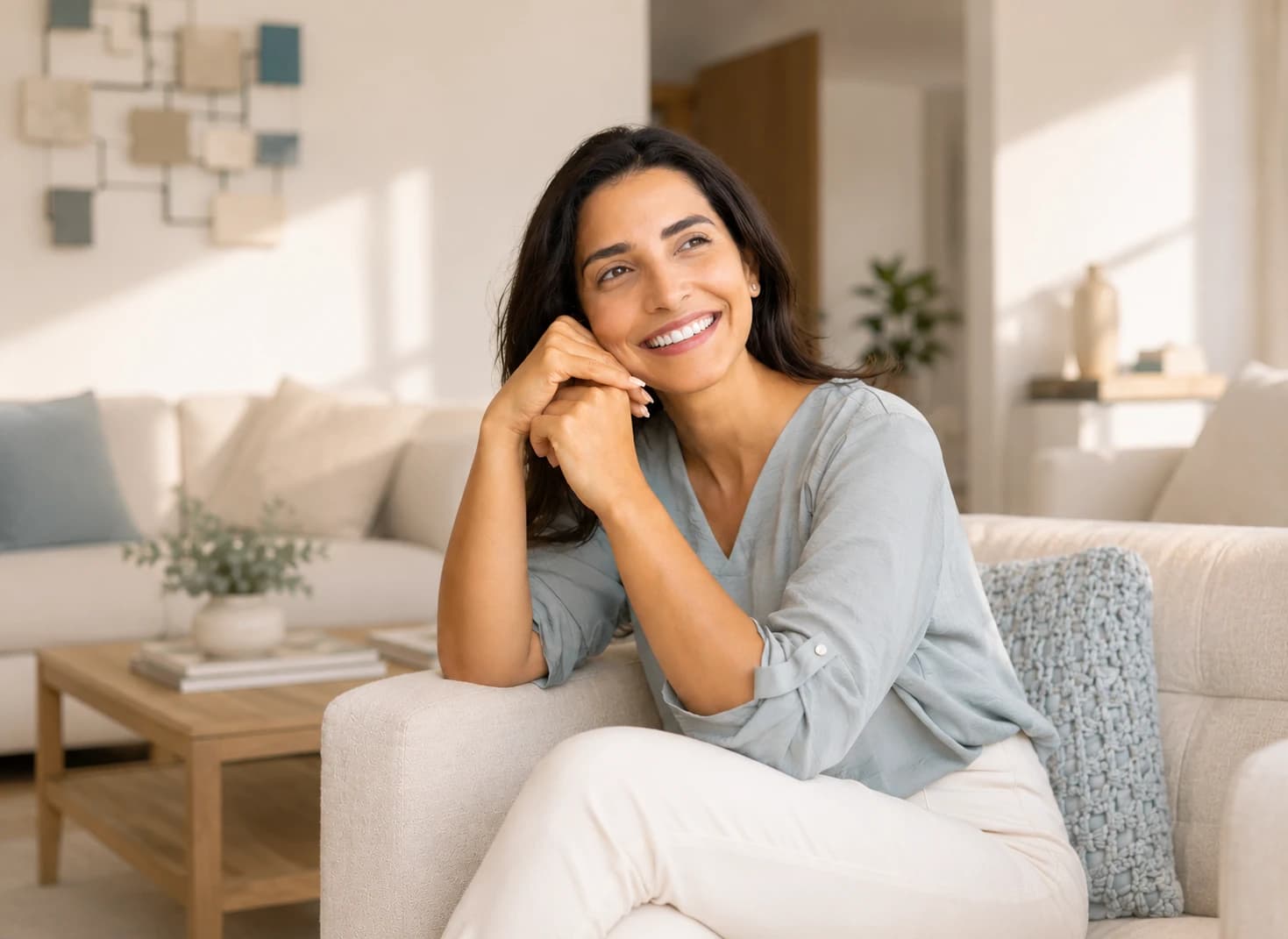 Mulher sorrindo com expressão tranquila, reforçando qualidade de vida.