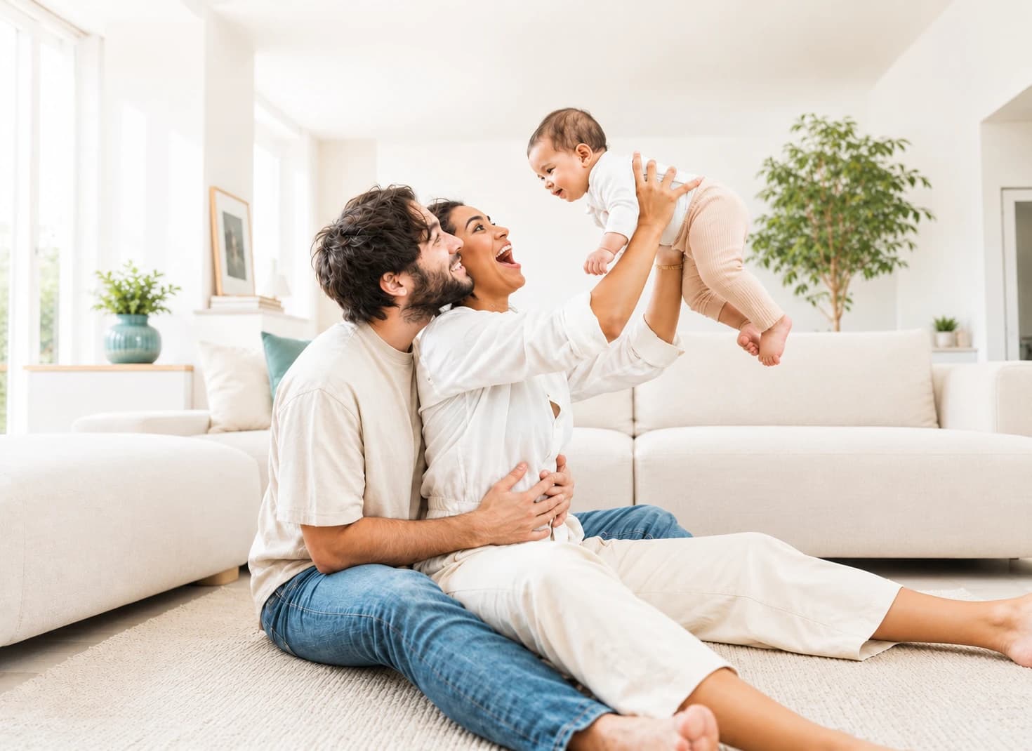 Família com bebê em ambiente residencial, transmitindo proximidade.