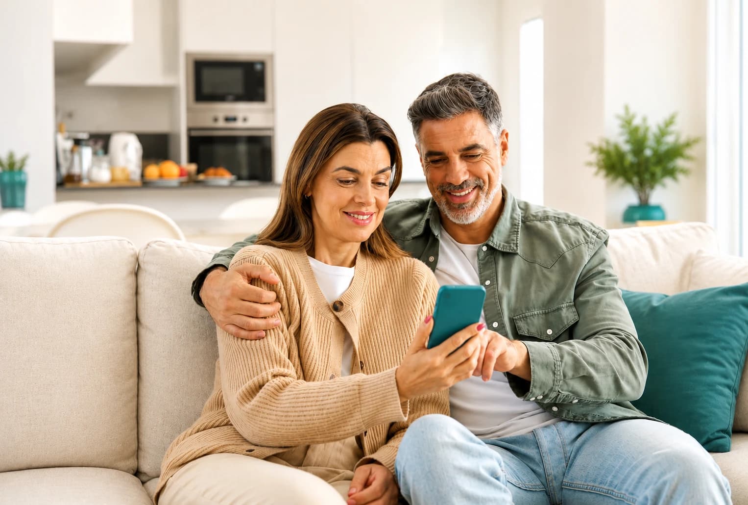 Casal sentado no sofá, olhando o celular com tranquilidade.